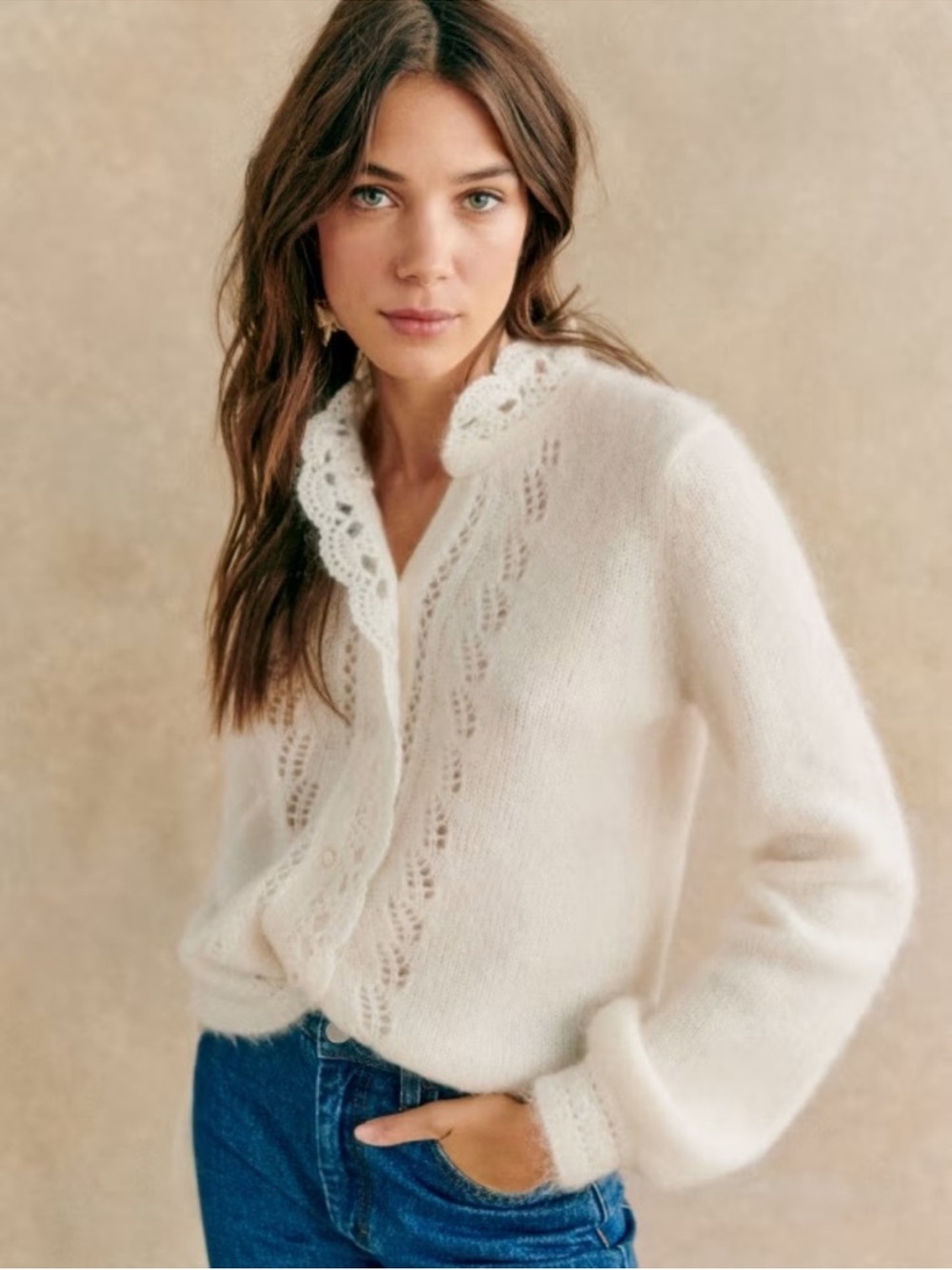 Sezane Angie Cardigan Sweater Long Sleeve Fall Knit Top Wool Cream Ecru Size Xs